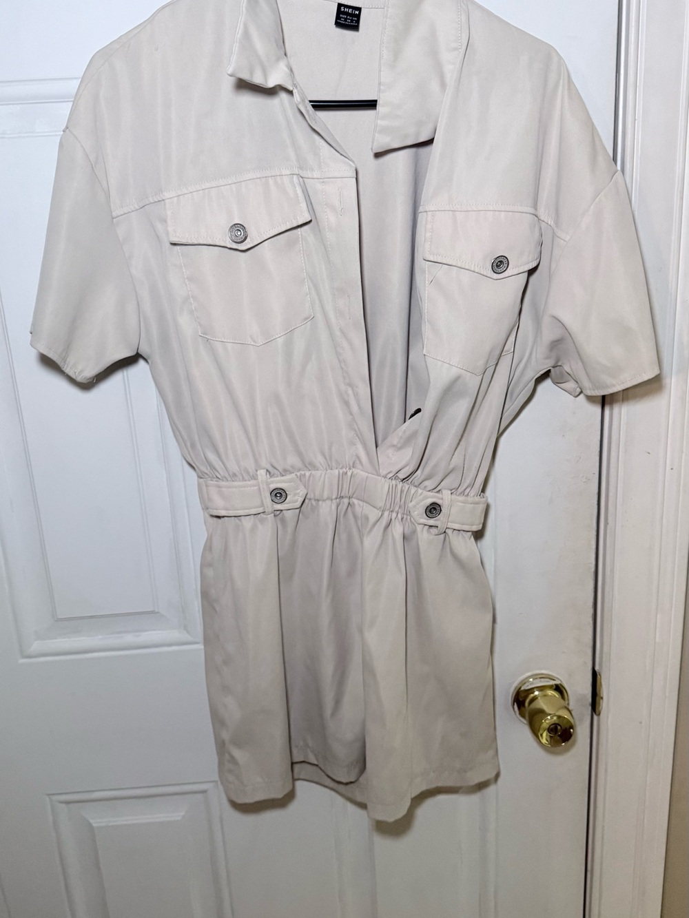 Shein Cream Utility Short-Sleeve Jacket with Cinched Waist
